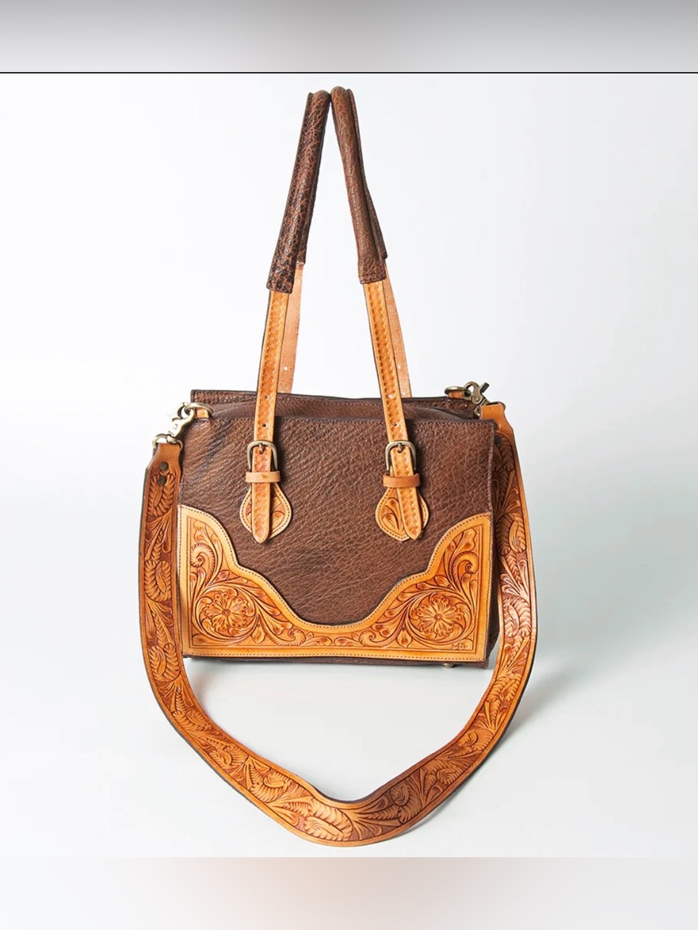 Hand-Tooled Brown & Tan Leather Shoulder Bag
